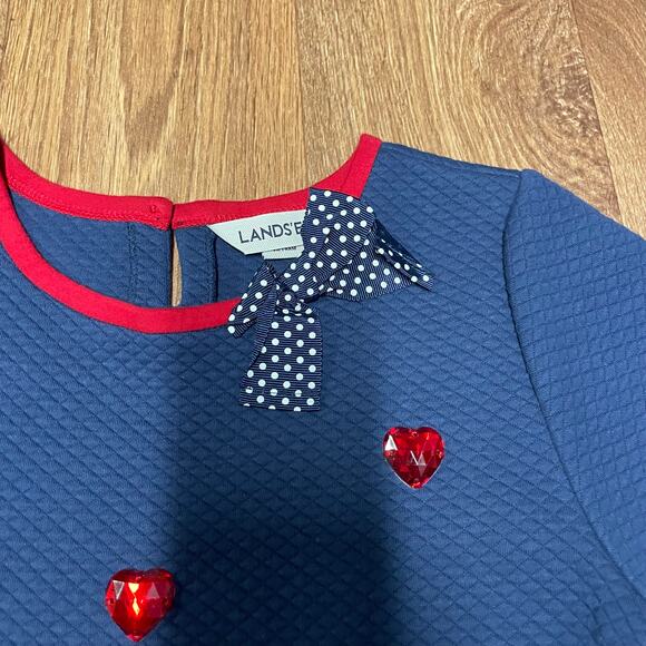 Lands End Girls Red White Blue Quilted Heart Embellished Bow Dress Size 14 Large - Picture 4 of 9